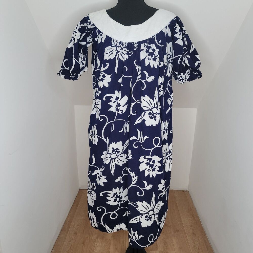 Alii Lole Hawaiian Floral Dress Women's Small Blue White Resort Made in Hawaii